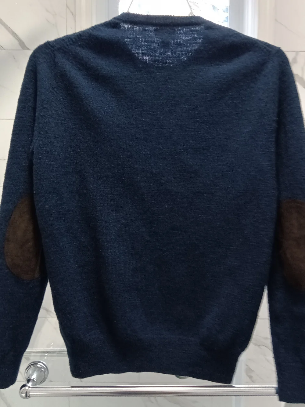 J. Crew Cable-Knit Crewneck Wool Med Slim Sweater Navy Blue Elbow Patches